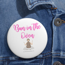 Load image into Gallery viewer, Bun in the Oven Pink and White Baby On Board Pin Badge | Baby Shower Gift | Pregnancy | Maternity Leave Gift
