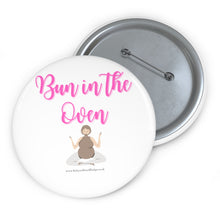 Load image into Gallery viewer, Bun in the Oven Pink and White Baby On Board Pin Badge | Baby Shower Gift | Pregnancy | Maternity Leave Gift
