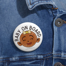 Load image into Gallery viewer, Brown baby face ‘baby on board’ badge with cute baby face baby on board pin badge | Baby Shower Gift | Pregnancy
