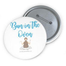 Load image into Gallery viewer, Bun in the Oven Blue and White Baby On Board Pin Badge | Baby Shower Gift | Pregnancy | Maternity Leave Gift
