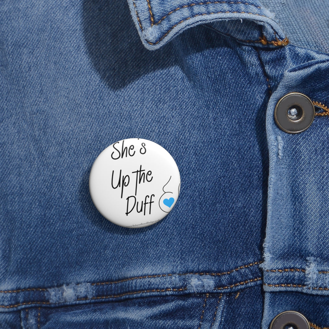 She's up the Duff Blue and White Baby On Board Pin Badge | Baby Shower Gift | Pregnancy | Maternity Leave Gift
